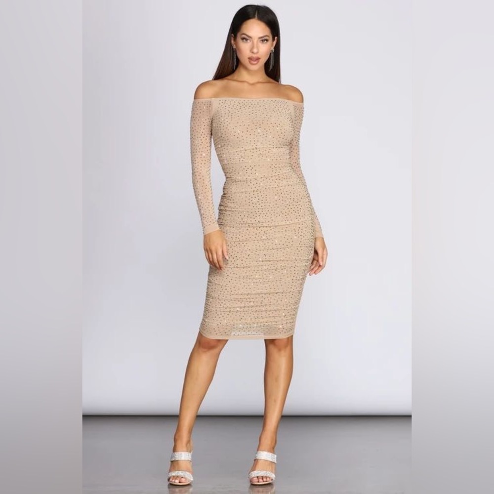 Windsor Sparkly nude stretchy midi dress off shoulder size M